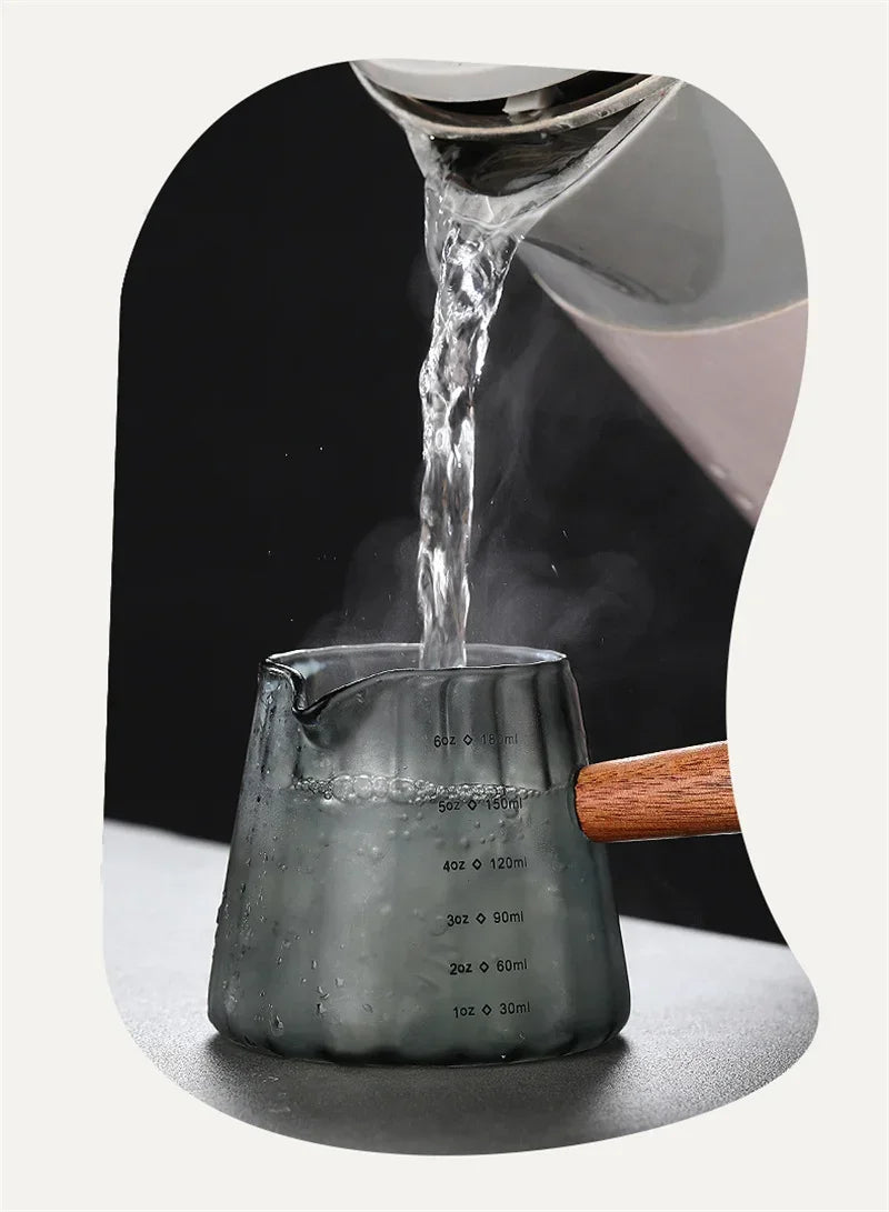 180ML Wood Handle Glass Espresso Measuring Cup Coffee Extraction Cup with scale High Temperature Resistance Milk Jug Measure Mug