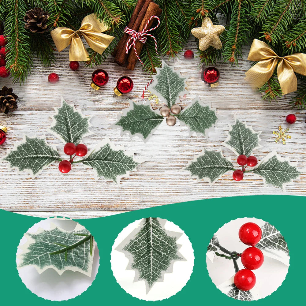 50/5Pcs Artificial Holly Berries With Green Leaves DIY Christmas Wreath Wedding Flower Gifts Xmas New Year Festival Decorations