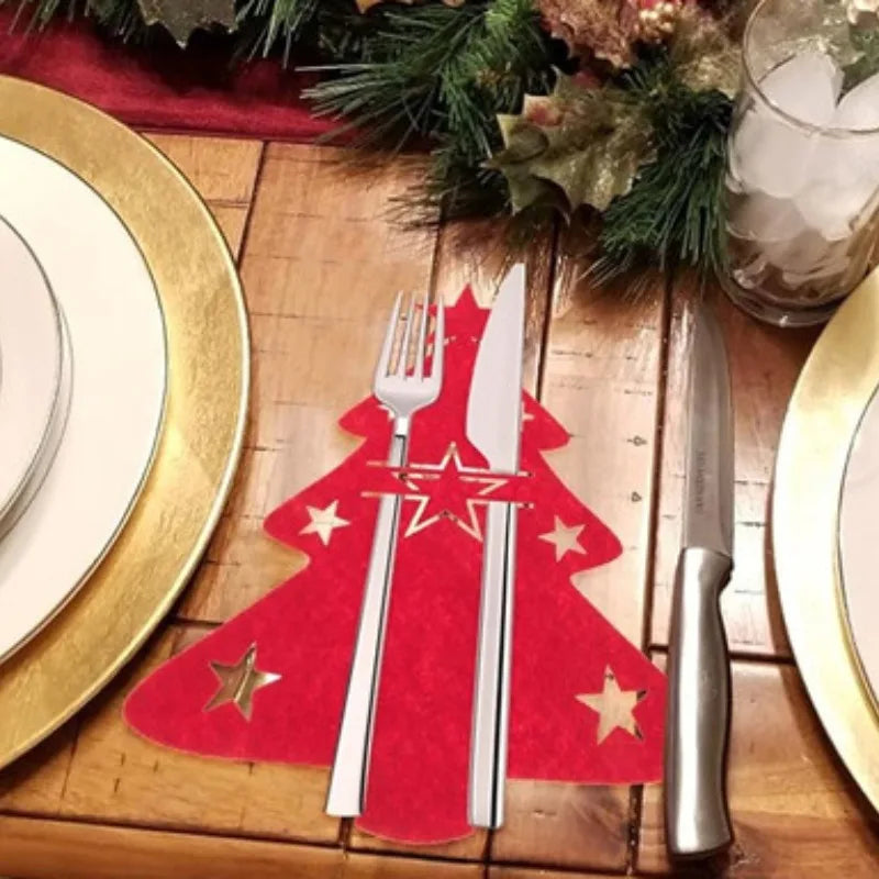 Cutlery Bag 4PCS Christmas Knife and Fork Holder Elk Xmas Tree Pocket Non-woven fabric Cookware Organizer Table Decor