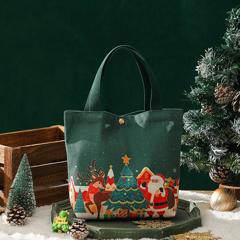 Christmas Portable Handbag Canvas Bag Christmas Eve Apples Gift Box Large Capacity Handheld Shopping Bag For Kids New Year Gift