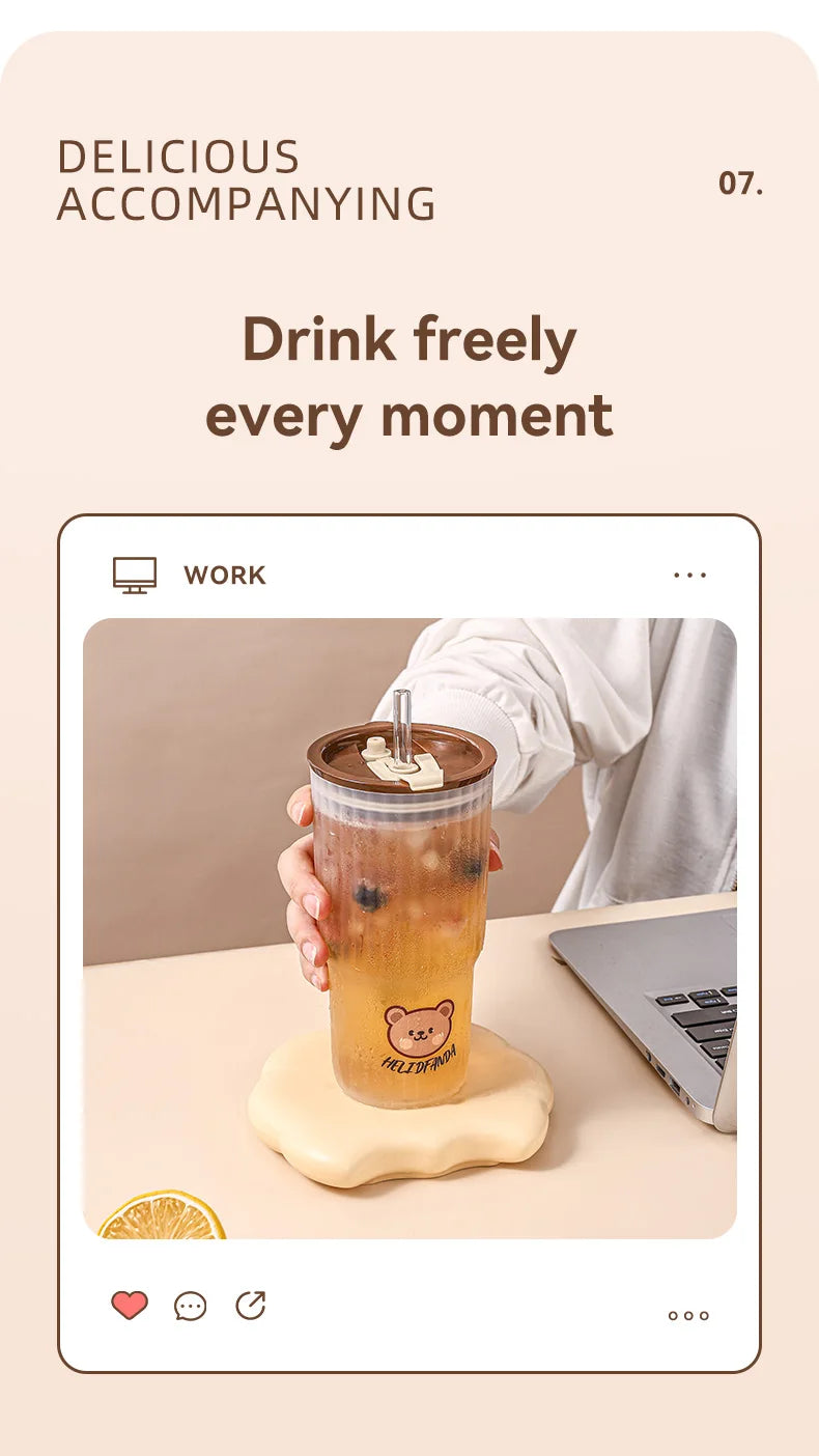 WORTHBUY Cute Bear Plastic Water Cup Large Capacity Water Bottle Travel Leak-proof Tumbler With Lid Portable Milk Coffee Cups