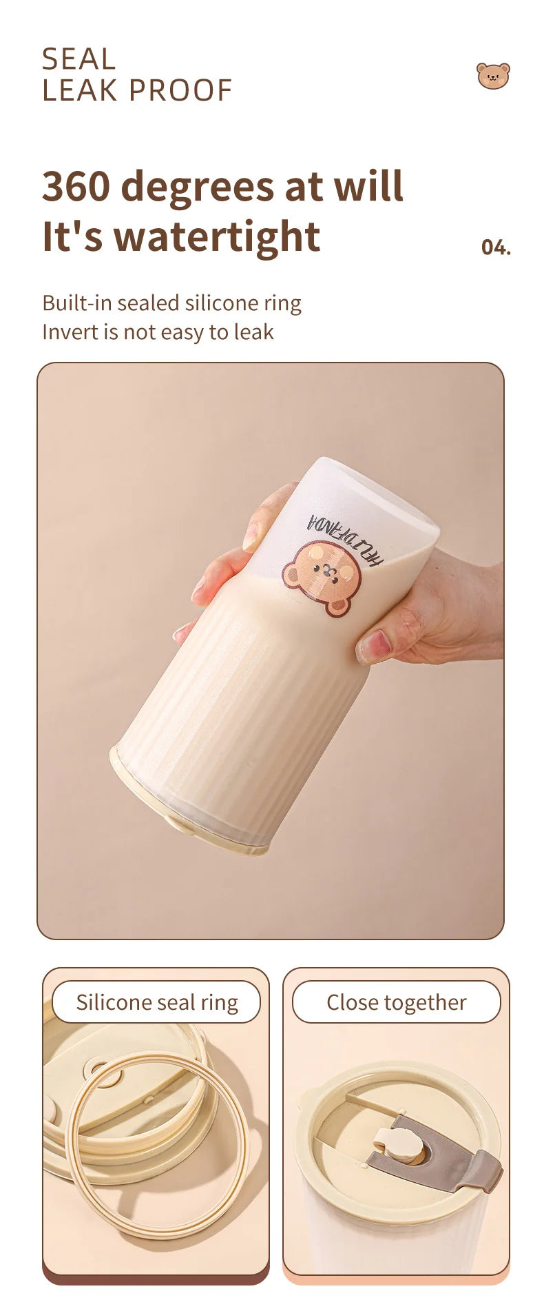 WORTHBUY Cute Bear Plastic Water Cup Large Capacity Water Bottle Travel Leak-proof Tumbler With Lid Portable Milk Coffee Cups