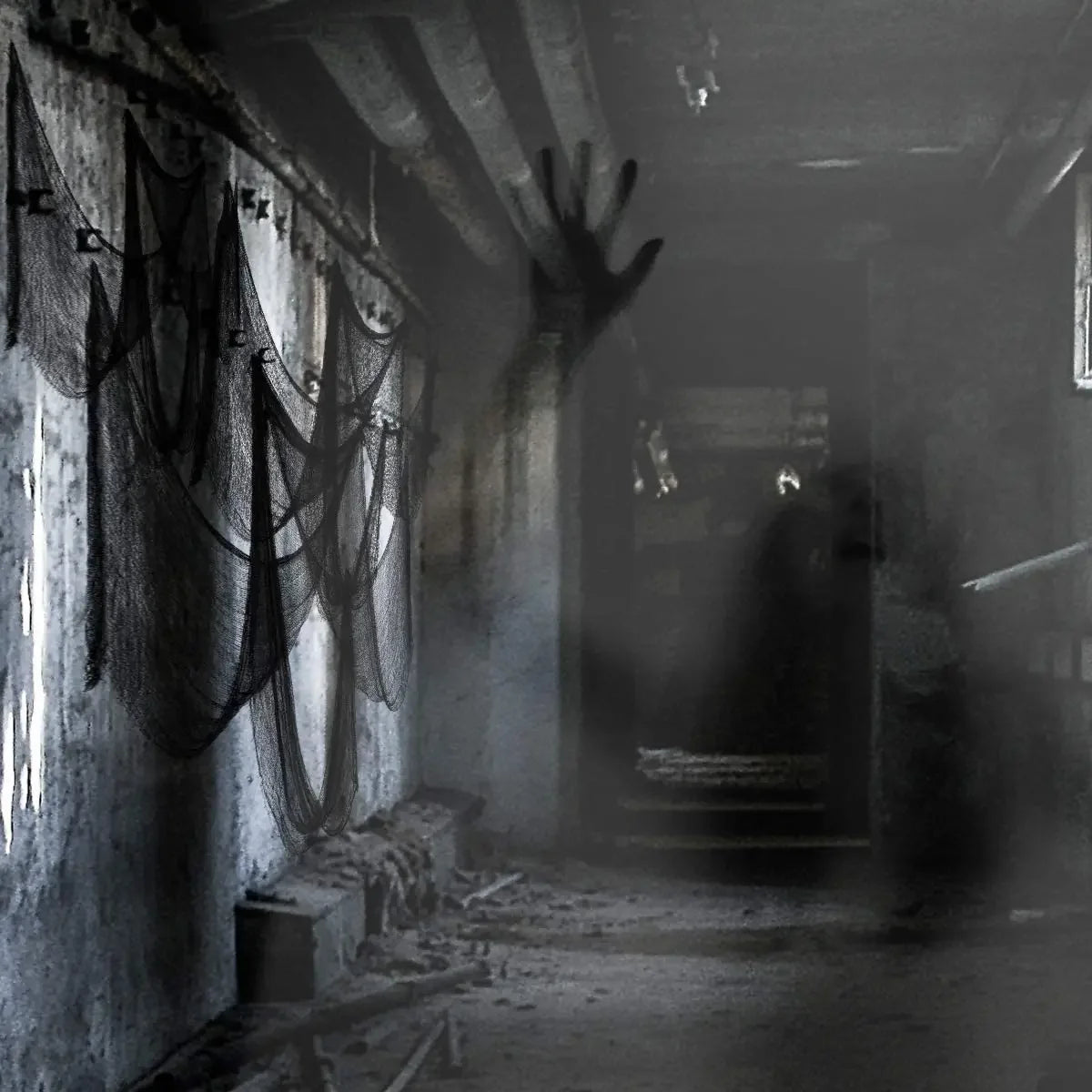 30×72inch Halloween Black Horror Cloth Spooky Fabric Cloth Halloween Decorations Haunted House Outdoor Hanging Scary Gauze Decor