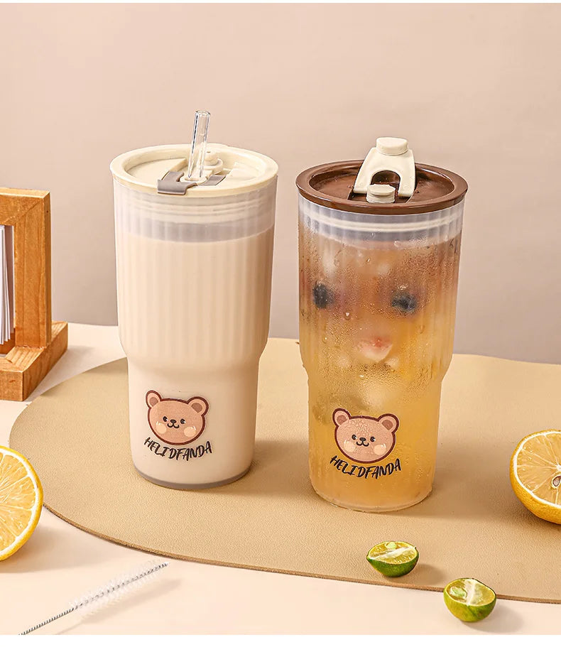 WORTHBUY Cute Bear Plastic Water Cup Large Capacity Water Bottle Travel Leak-proof Tumbler With Lid Portable Milk Coffee Cups