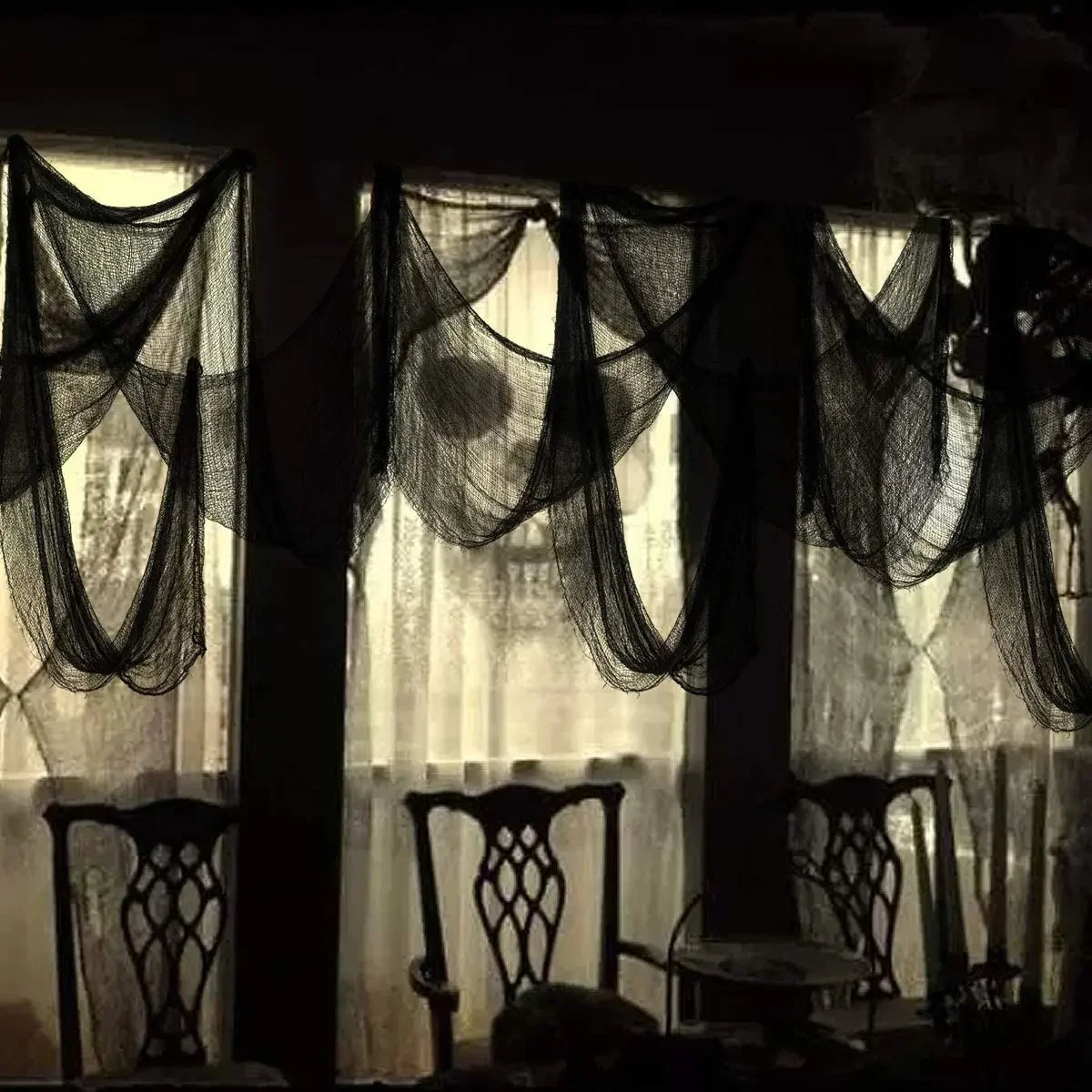 30×72inch Halloween Black Horror Cloth Spooky Fabric Cloth Halloween Decorations Haunted House Outdoor Hanging Scary Gauze Decor