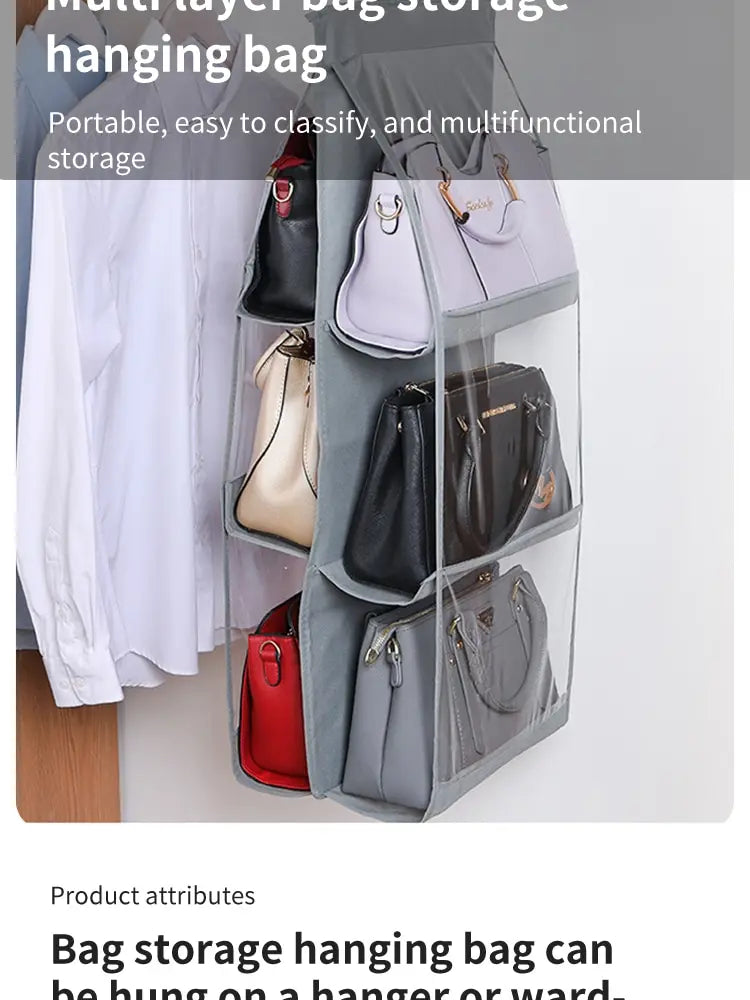 6 Pocket Hanging Handbag Organizer For Wardrobe Closet Gray Waterproof Storage Bag Door Wall Clear Sundry Bag With Hanger Pouch