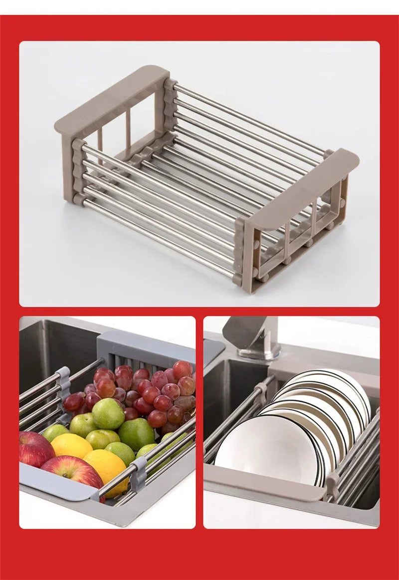Kitchen Sink Drain Rack Stainless Steel Extendable Dish Drying Rack Drain basket Fruit Vegetable Washing Drainer Storage rack