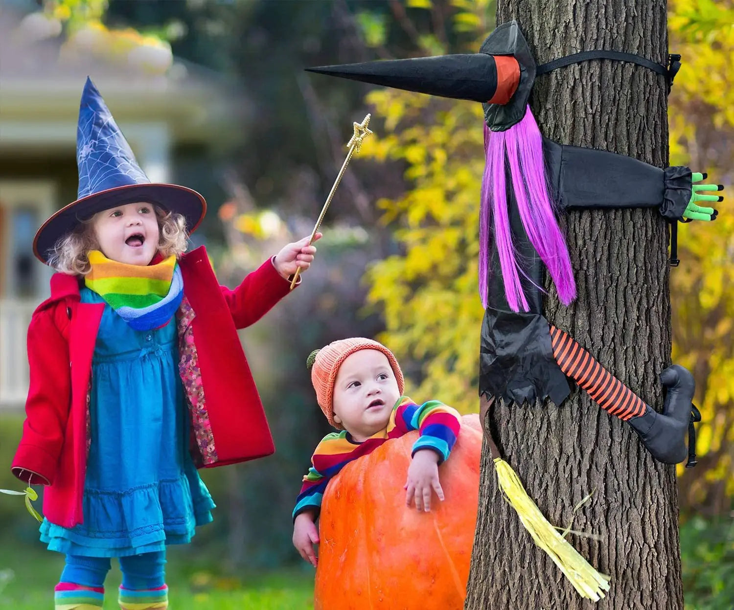 Halloween Witch Crashing Into Tree Decoration 2025 - Animated Witch Doll for Outdoor Yard, Porch & Door Spooky Decor