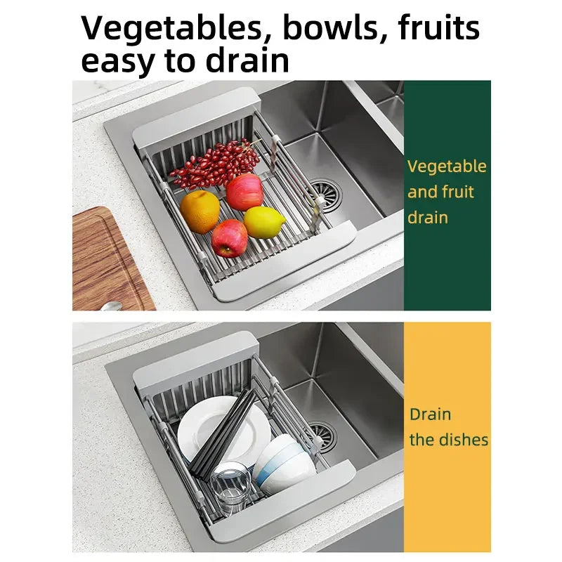 Folding Kitchen Sink Drain Rack, Stainless Steel Dish Drain Basket for Washing Dishes, Space-Saving Sink Organizer