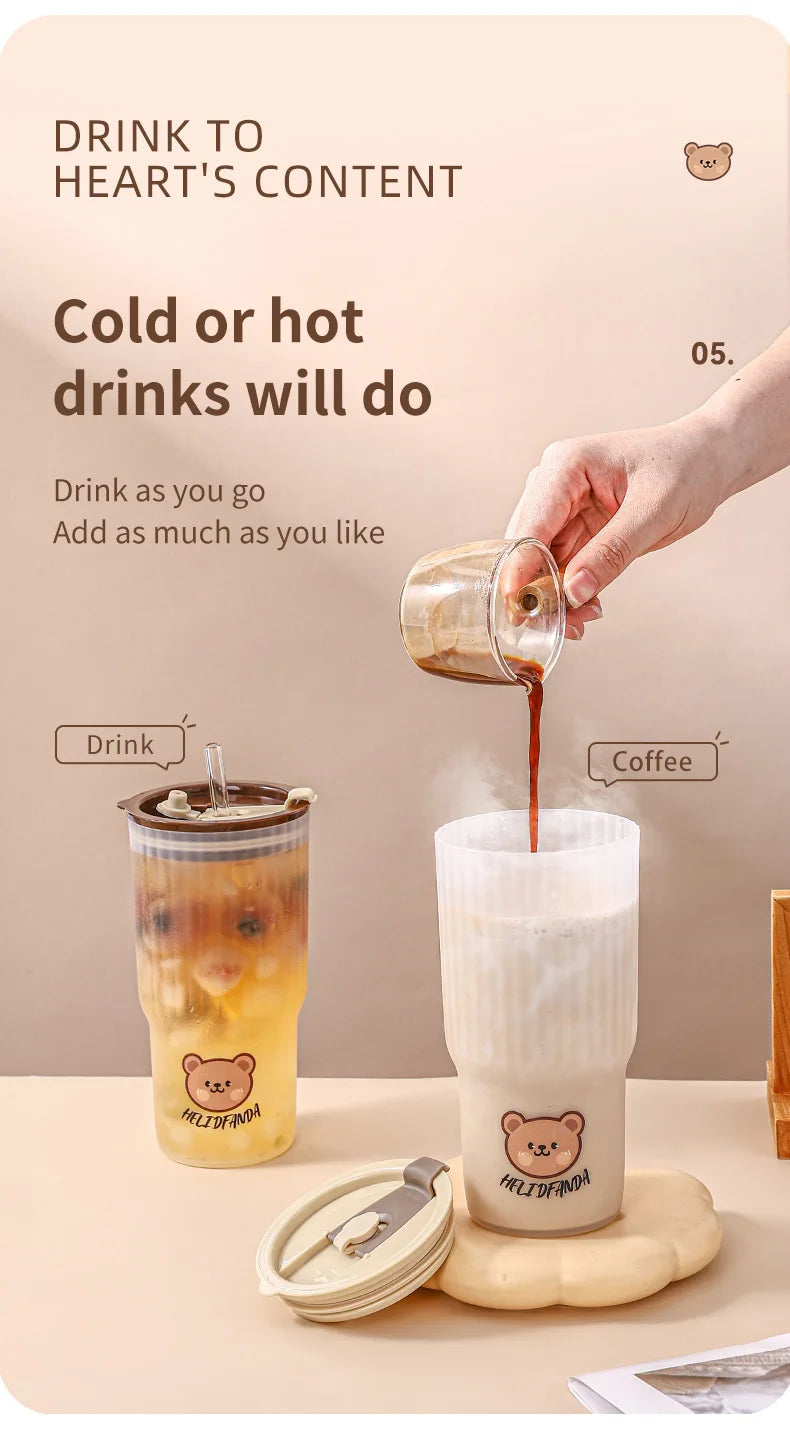 WORTHBUY Cute Bear Plastic Water Cup Large Capacity Water Bottle Travel Leak-proof Tumbler With Lid Portable Milk Coffee Cups