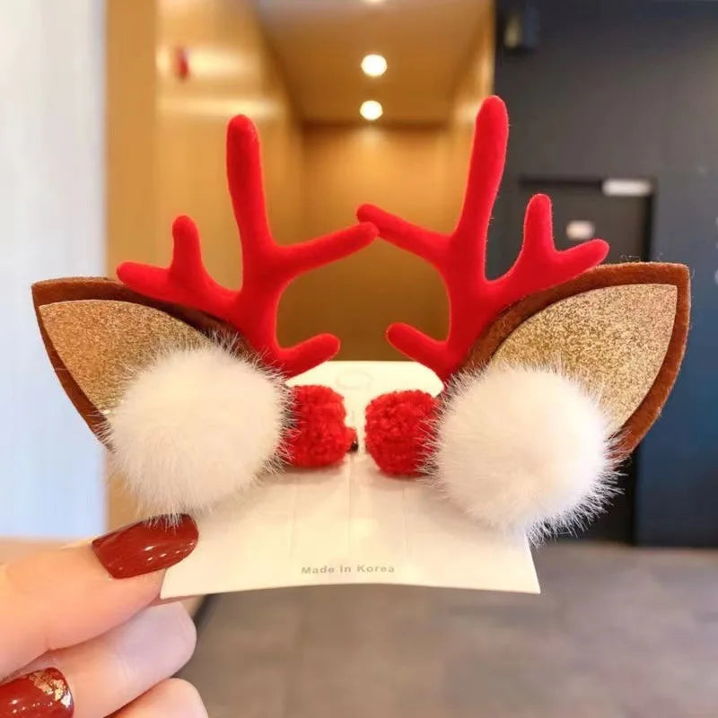2pcs/Set Kawaii Christmas Elk Ear Hair Clip Women Girl Santa Snowman Hairpin Xmas Party Barrettes For Kids Cosplay Headwear