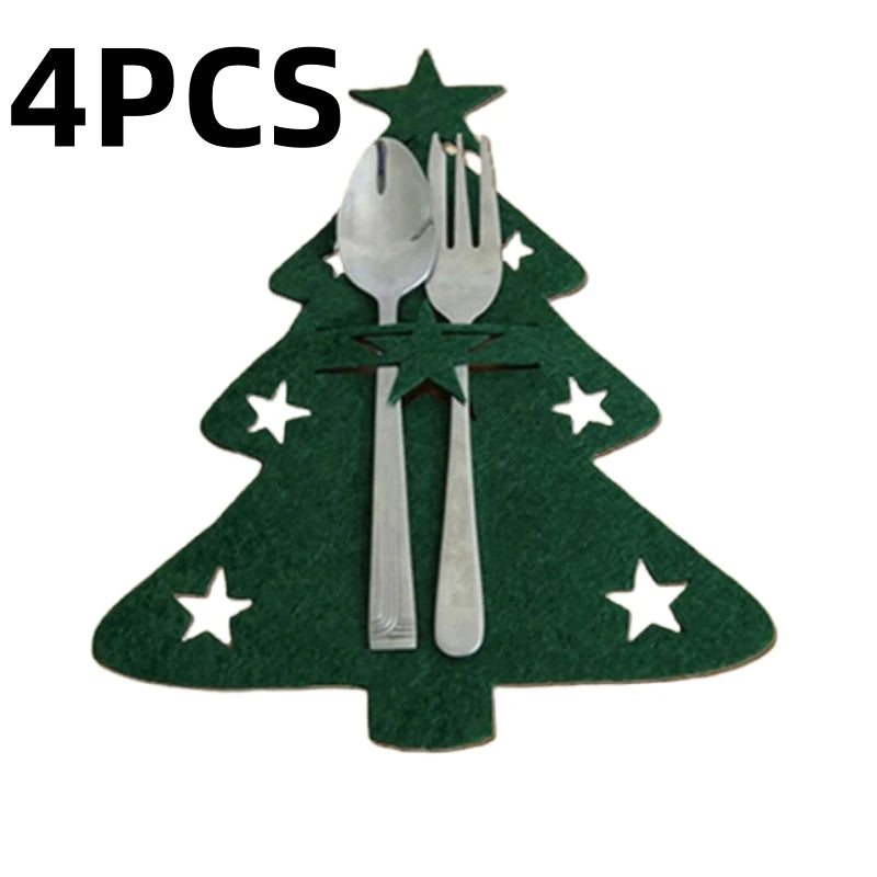 Cutlery Bag 4PCS Christmas Knife and Fork Holder Elk Xmas Tree Pocket Non-woven fabric Cookware Organizer Table Decor