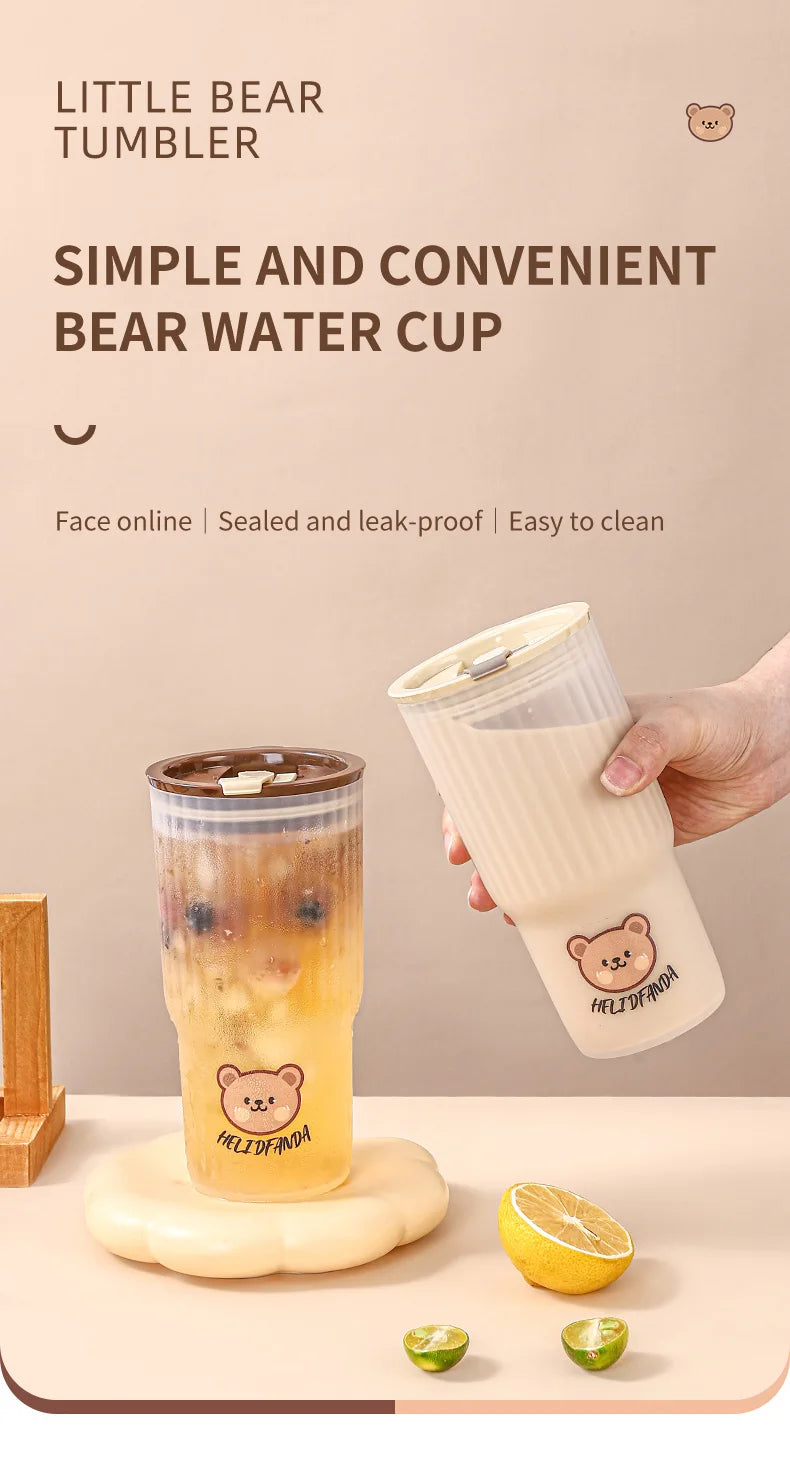 WORTHBUY Cute Bear Plastic Water Cup Large Capacity Water Bottle Travel Leak-proof Tumbler With Lid Portable Milk Coffee Cups