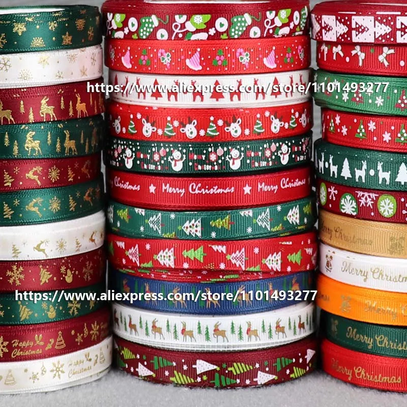 5 Yards/20 Yards 10MM Christmas Ribbon Printed Polyester Grosgrain Ribbons For Decor Gift Wrapping Hair Bows Ribbon For Crafts