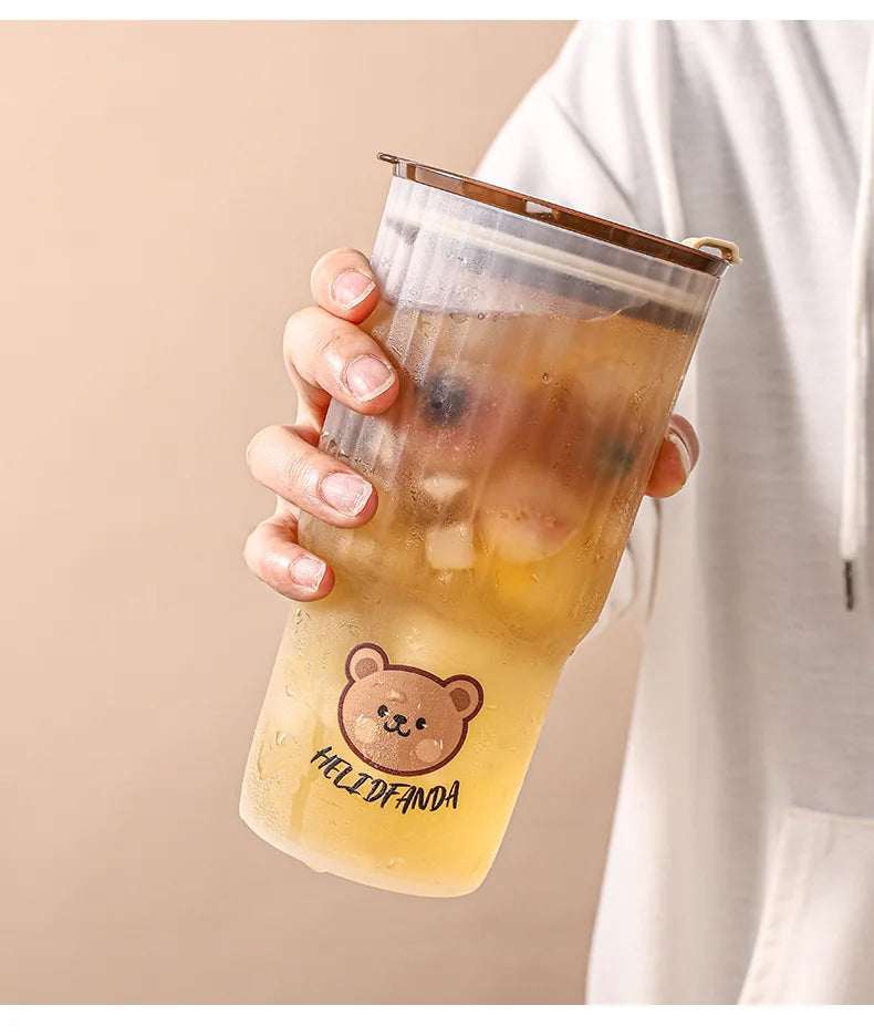 WORTHBUY Cute Bear Plastic Water Cup Large Capacity Water Bottle Travel Leak-proof Tumbler With Lid Portable Milk Coffee Cups