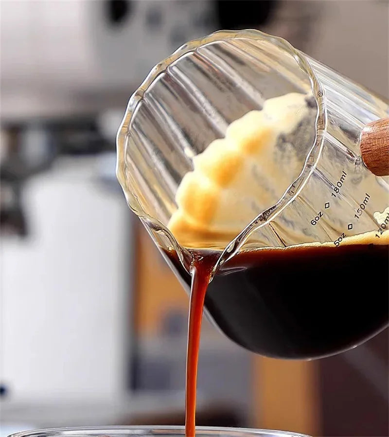 180ML Wood Handle Glass Espresso Measuring Cup Coffee Extraction Cup with scale High Temperature Resistance Milk Jug Measure Mug