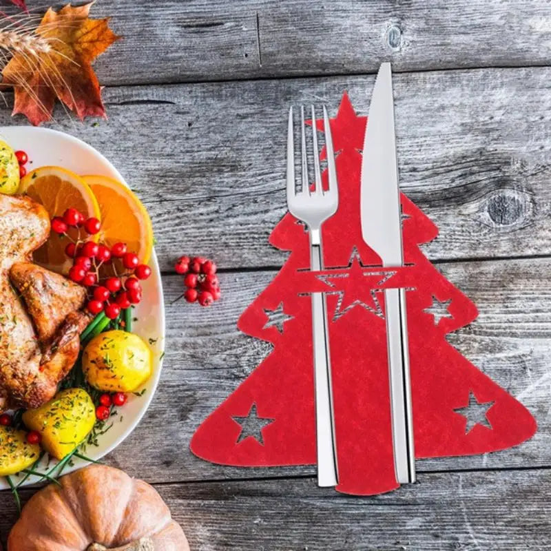 Cutlery Bag 4PCS Christmas Knife and Fork Holder Elk Xmas Tree Pocket Non-woven fabric Cookware Organizer Table Decor