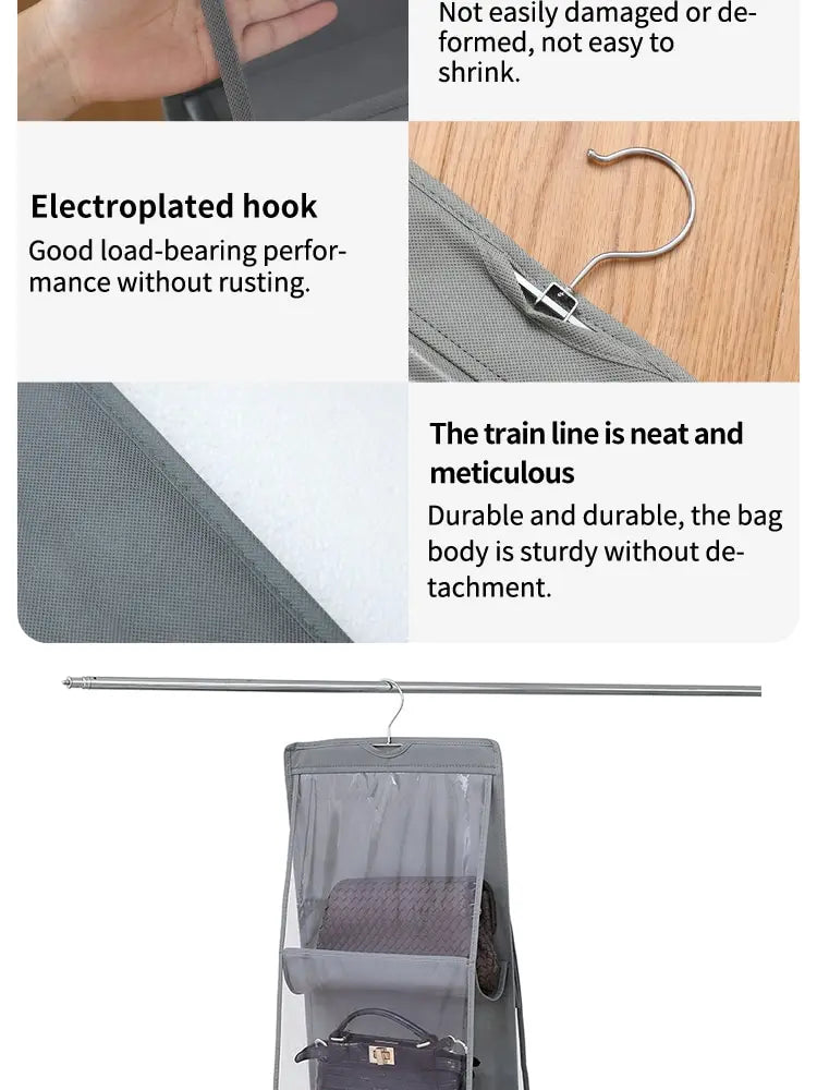 6 Pocket Hanging Handbag Organizer For Wardrobe Closet Gray Waterproof Storage Bag Door Wall Clear Sundry Bag With Hanger Pouch