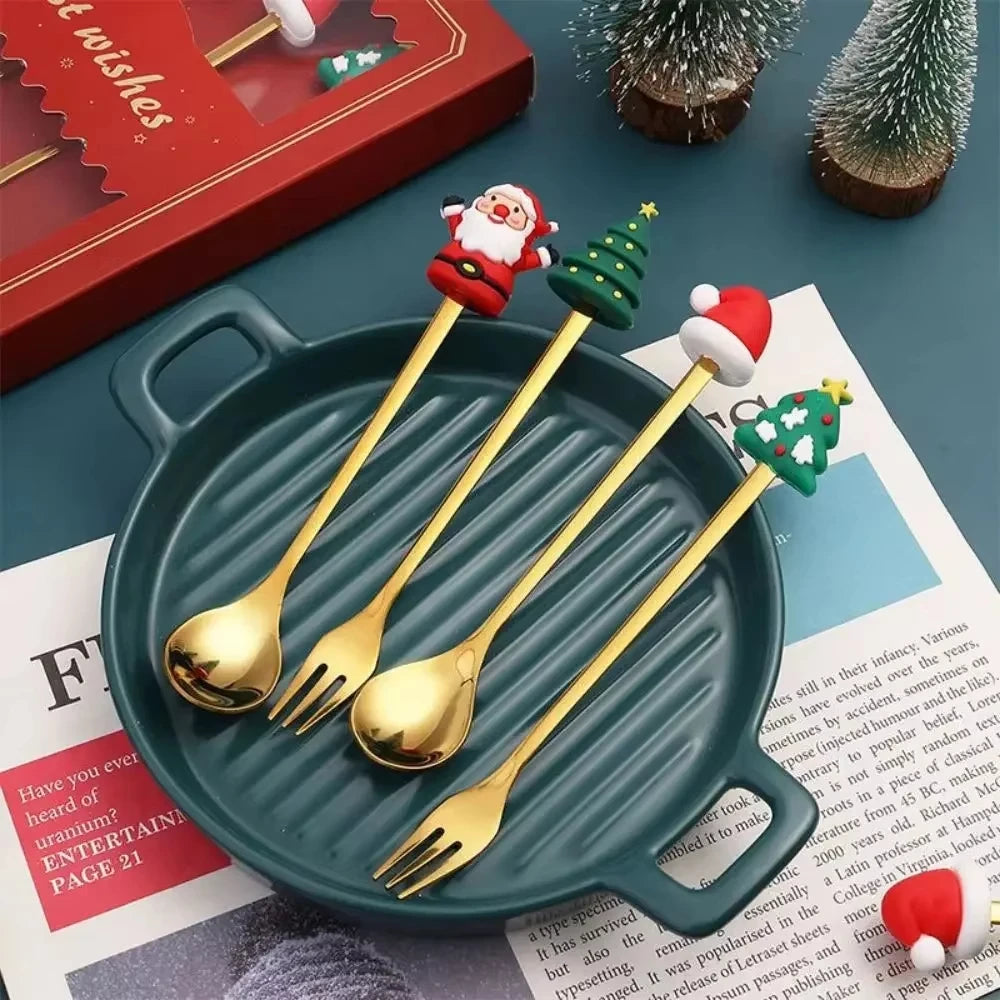 2/4/6Pcs Christmas Fork And Spoon Set,Stainless Steel Creative Tableware,Coffee Tea Dessert Forks And Spoons Gift Set