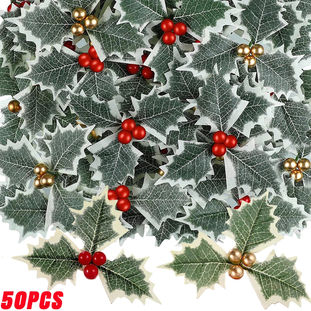 50/5Pcs Artificial Holly Berries With Green Leaves DIY Christmas Wreath Wedding Flower Gifts Xmas New Year Festival Decorations