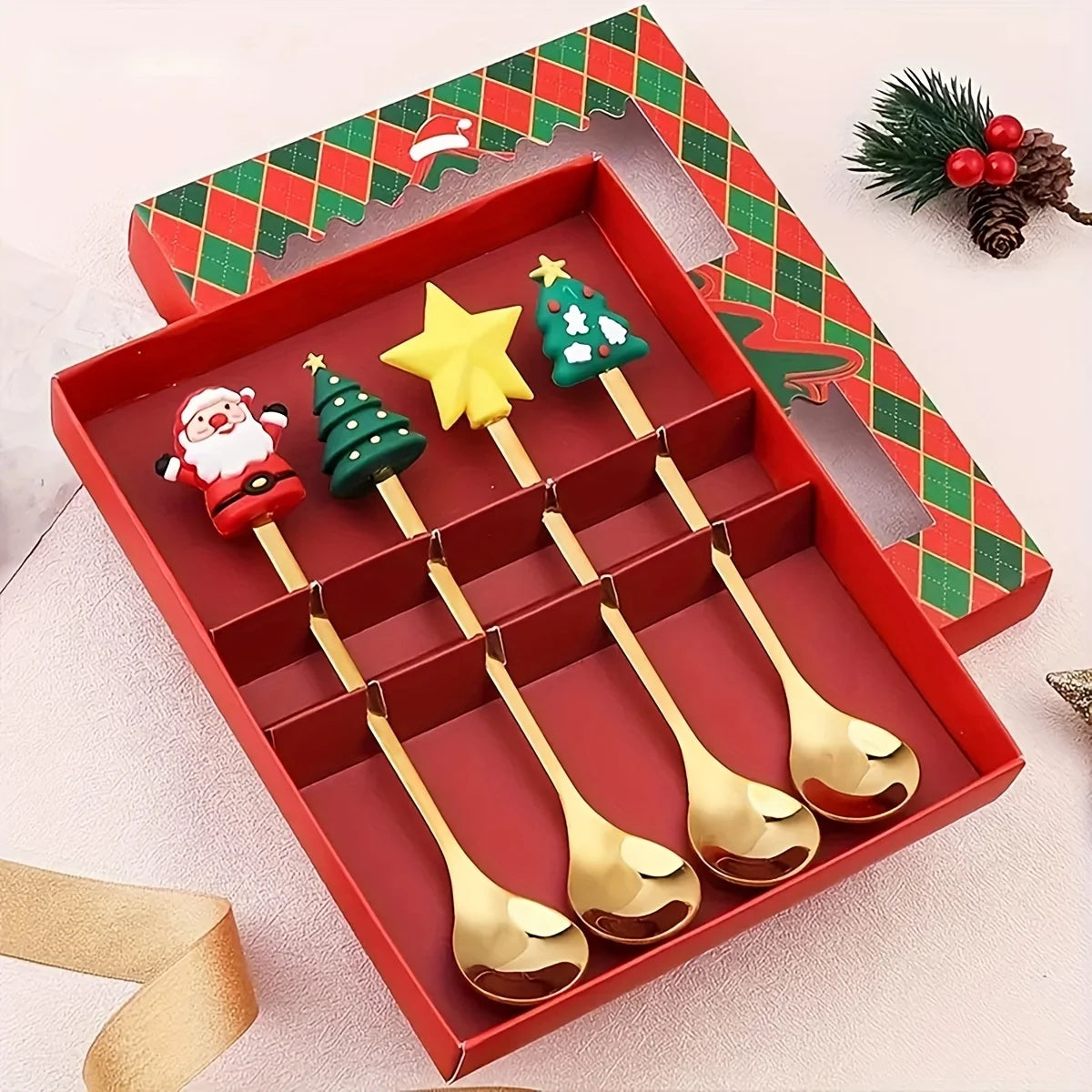 2/4/6Pcs Christmas Fork And Spoon Set,Stainless Steel Creative Tableware,Coffee Tea Dessert Forks And Spoons Gift Set