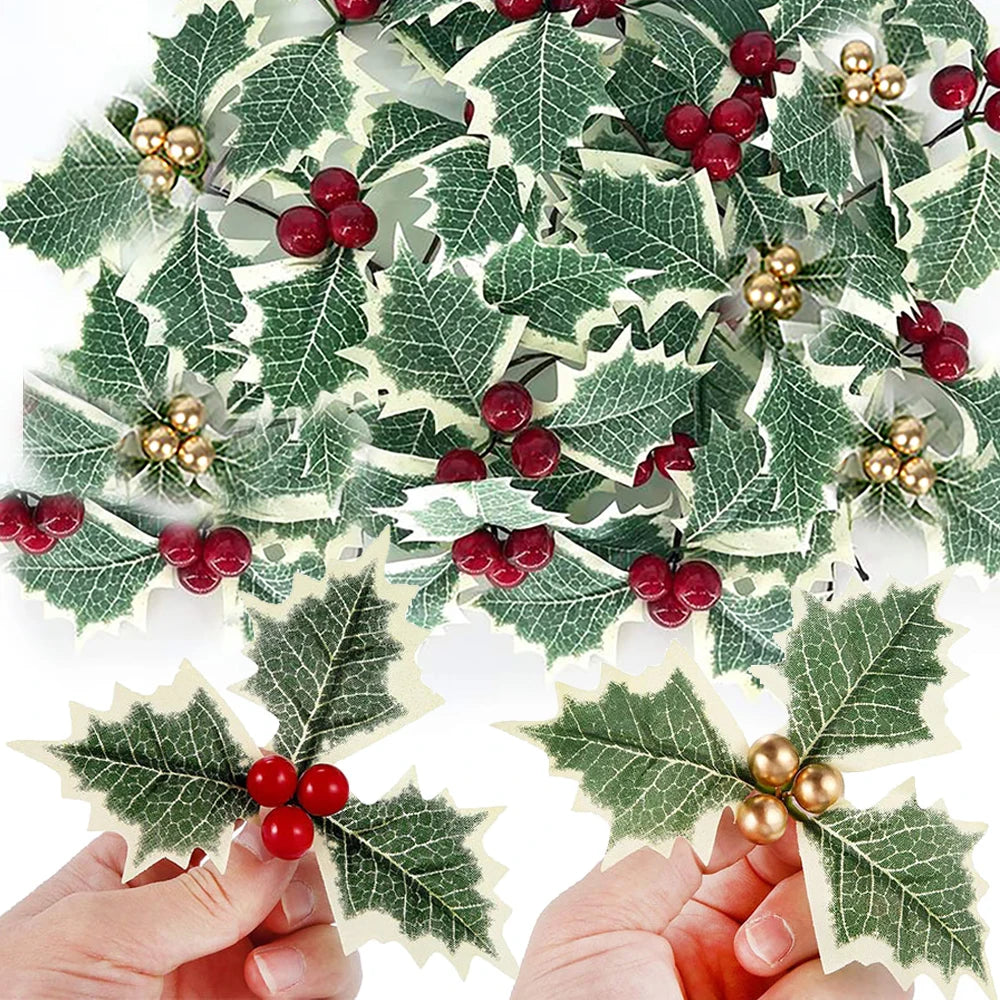 50/5Pcs Artificial Holly Berries With Green Leaves DIY Christmas Wreath Wedding Flower Gifts Xmas New Year Festival Decorations