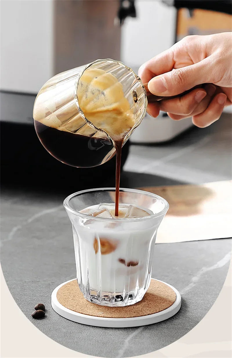 180ML Wood Handle Glass Espresso Measuring Cup Coffee Extraction Cup with scale High Temperature Resistance Milk Jug Measure Mug