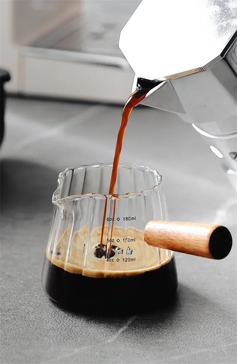 180ML Wood Handle Glass Espresso Measuring Cup Coffee Extraction Cup with scale High Temperature Resistance Milk Jug Measure Mug