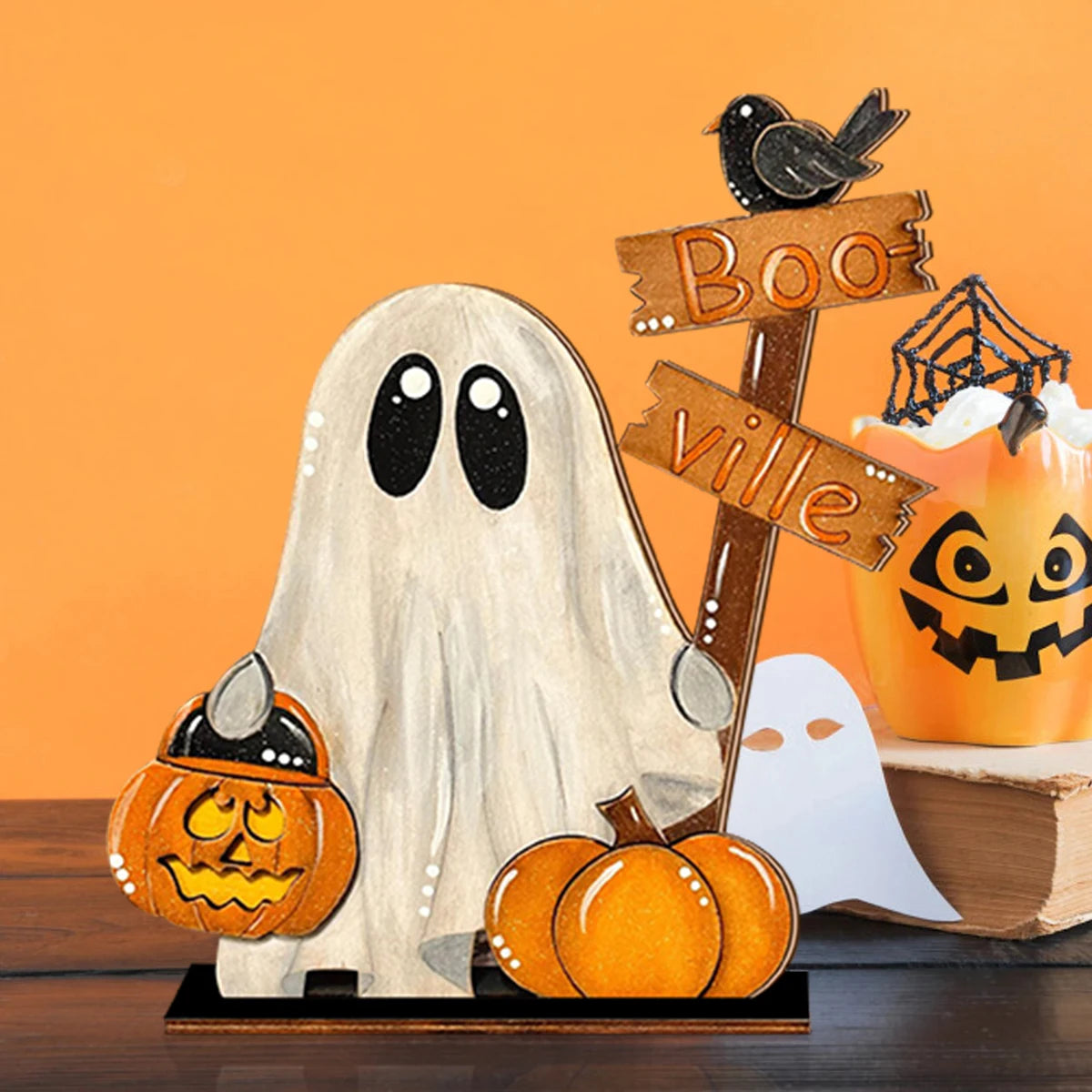 Halloween Wooden Ghost Decor with Pumpkin Bucket and "Boo - ville" Sign - Festive Home Decoration