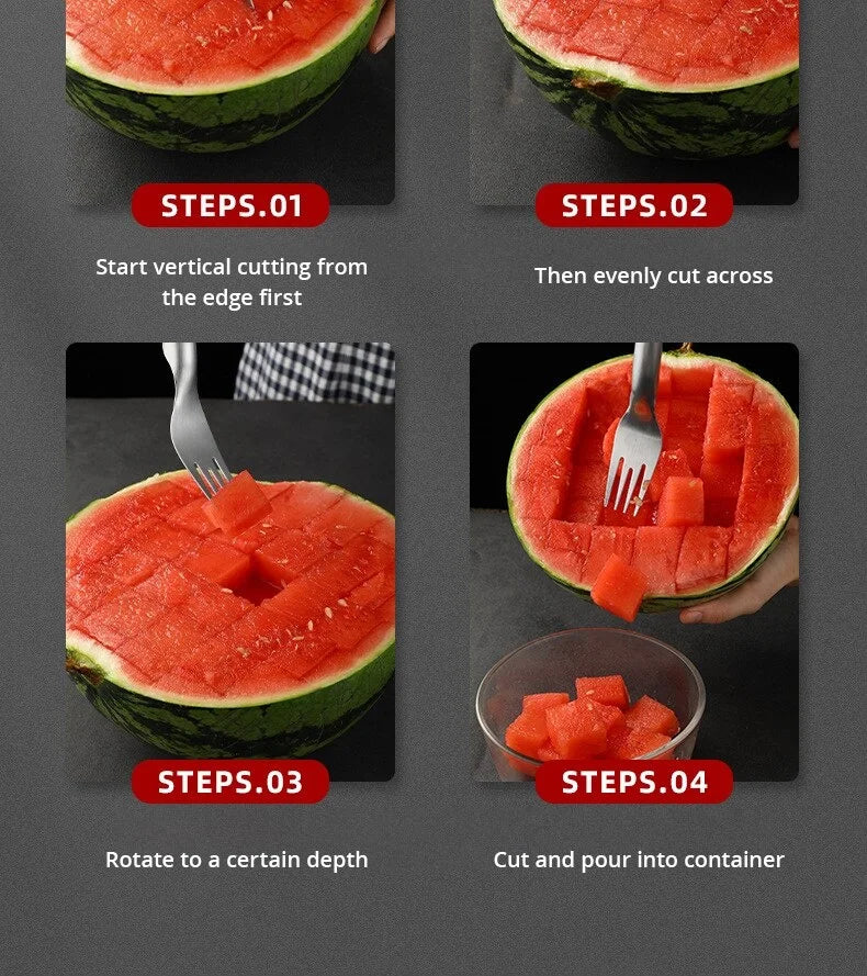 2 In 1 Multi-Purpose Portable Watermelon Slicer Cutter Knife Stainless Steel Kitchen Fruit Cutting Fork