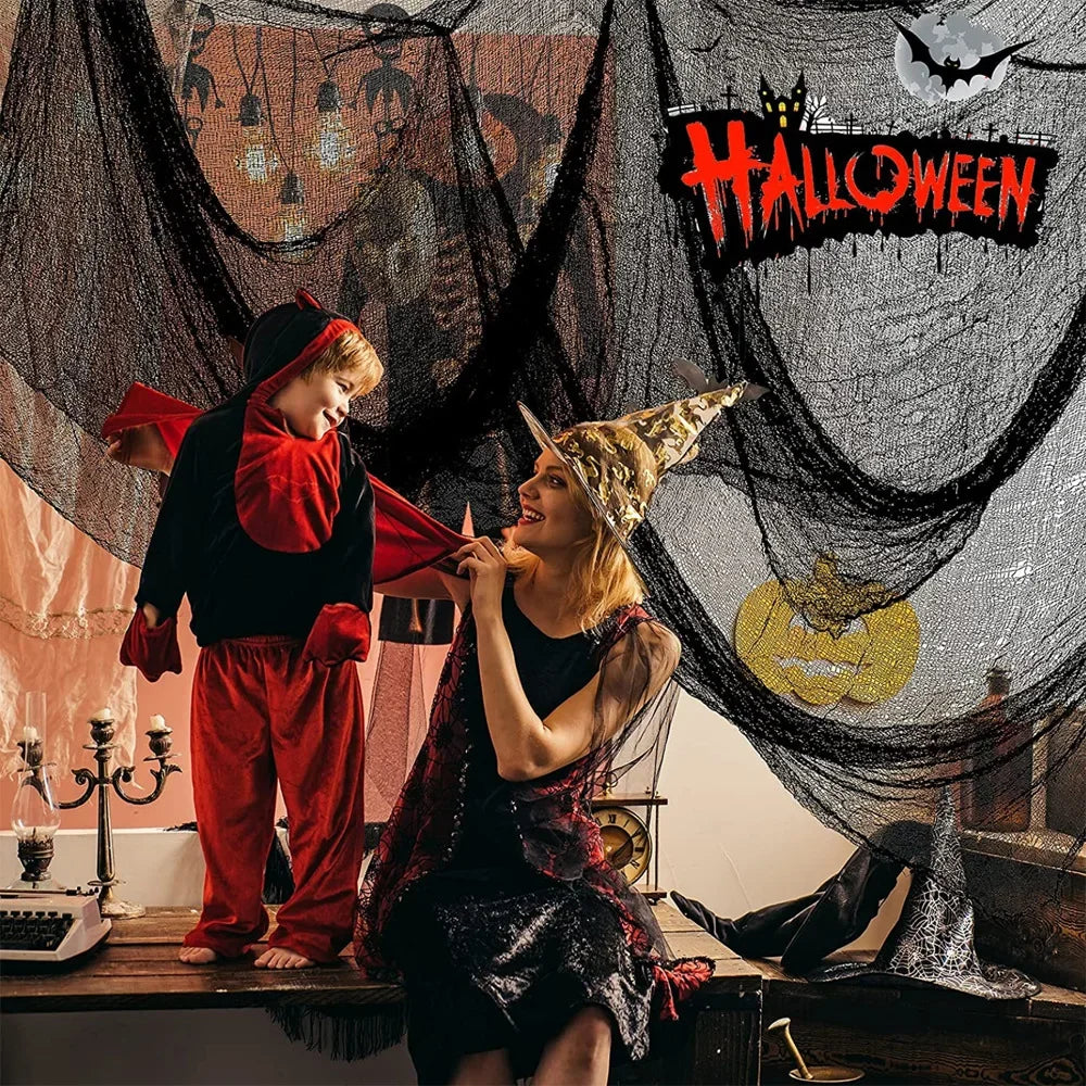 30×72inch Halloween Black Horror Cloth Spooky Fabric Cloth Halloween Decorations Haunted House Outdoor Hanging Scary Gauze Decor