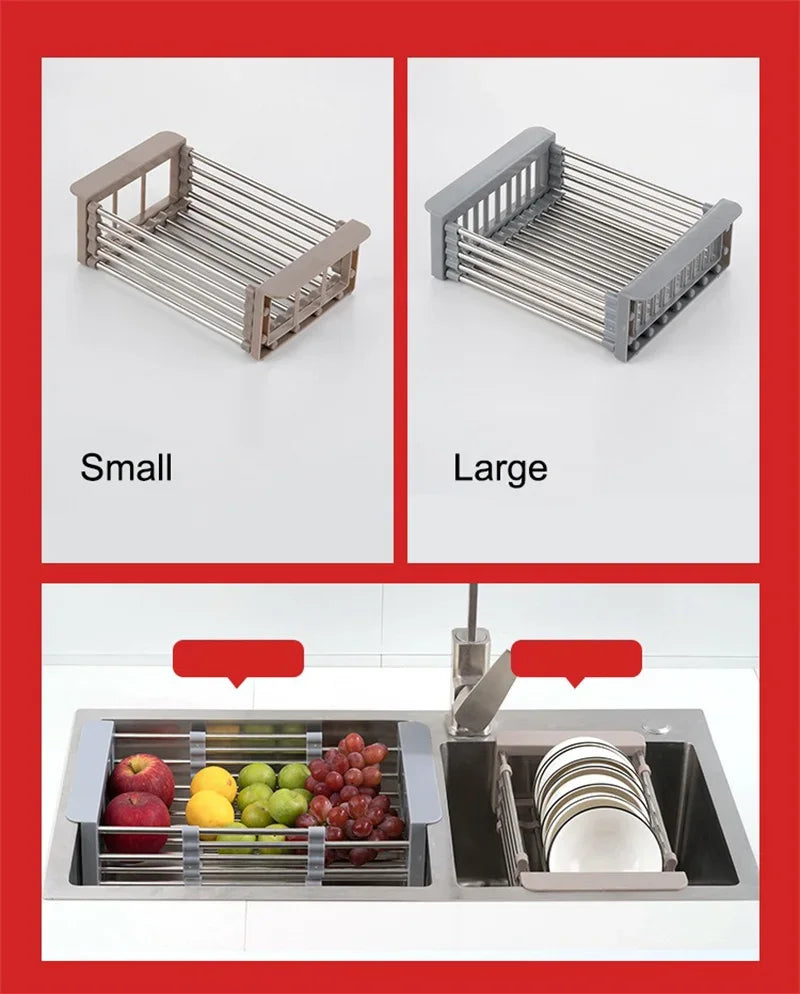 Kitchen Sink Drain Rack Stainless Steel Extendable Dish Drying Rack Drain basket Fruit Vegetable Washing Drainer Storage rack
