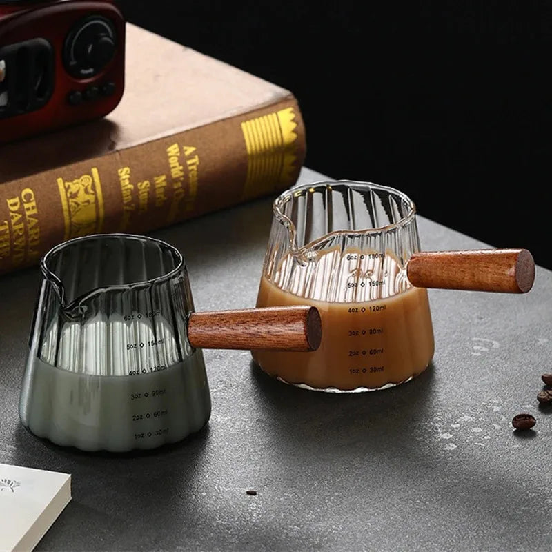 180ML Wood Handle Glass Espresso Measuring Cup Coffee Extraction Cup with scale High Temperature Resistance Milk Jug Measure Mug