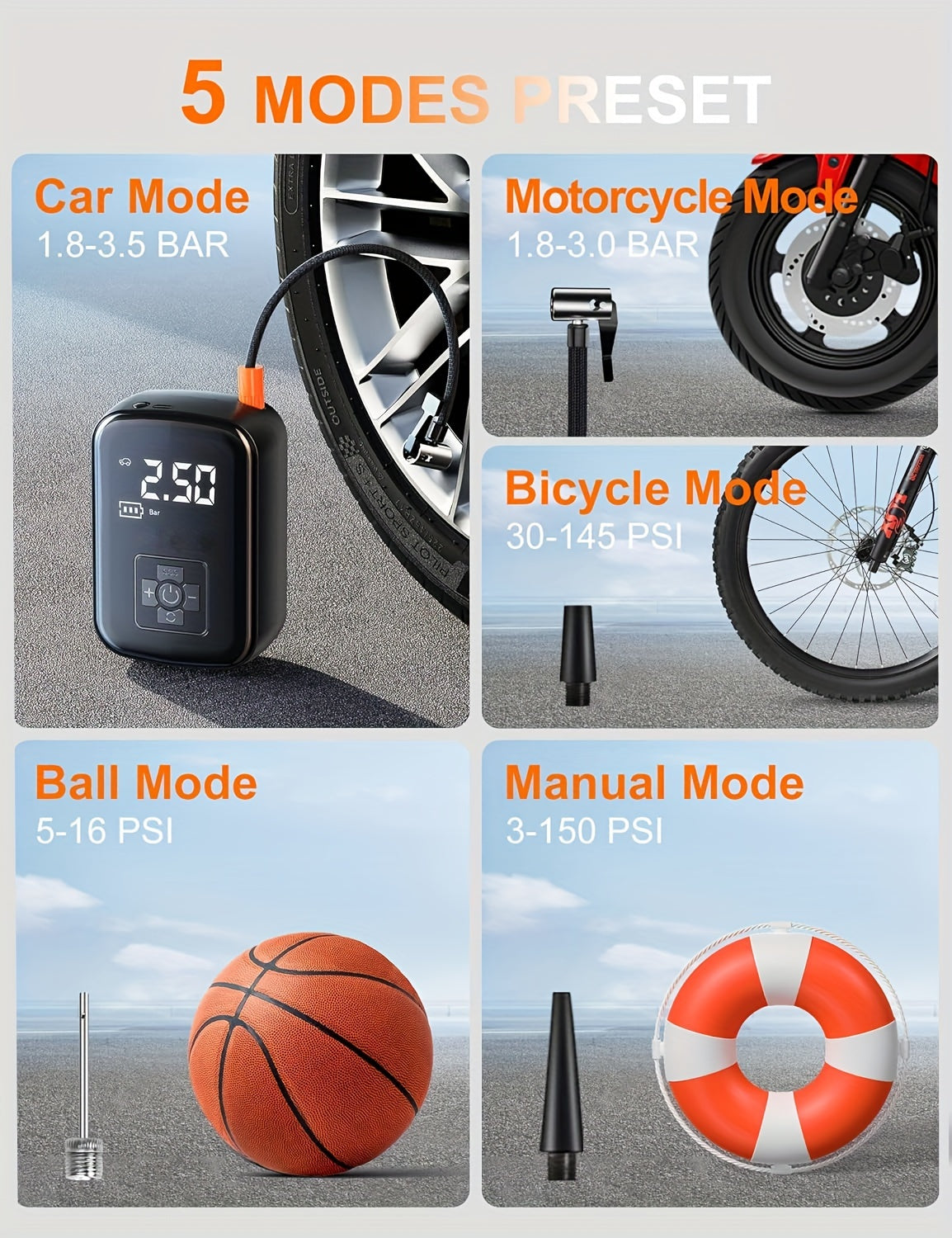 A Portable Car Air Compressor with a Wireless Handheld Pump And Light, Suitable for Inflating And Compressing Tires of Cars And Motorcycles.