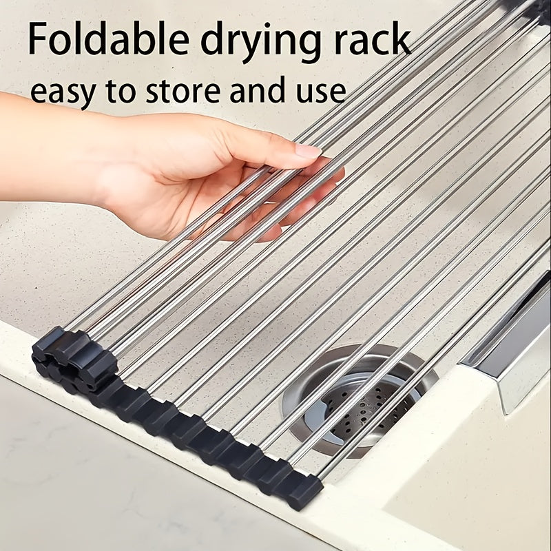 1pc Deluxe Roll-Up Stainless Steel Dish Drying Rack - Space-Saving Over-The-Sink Design, Portable & Anti-Rust, Easy to Clean Kitchen Sink Organizer for Small Spaces, Dish Drying Rack for Kitchen Counter, Sleek Metallic Finish - Cozy Home