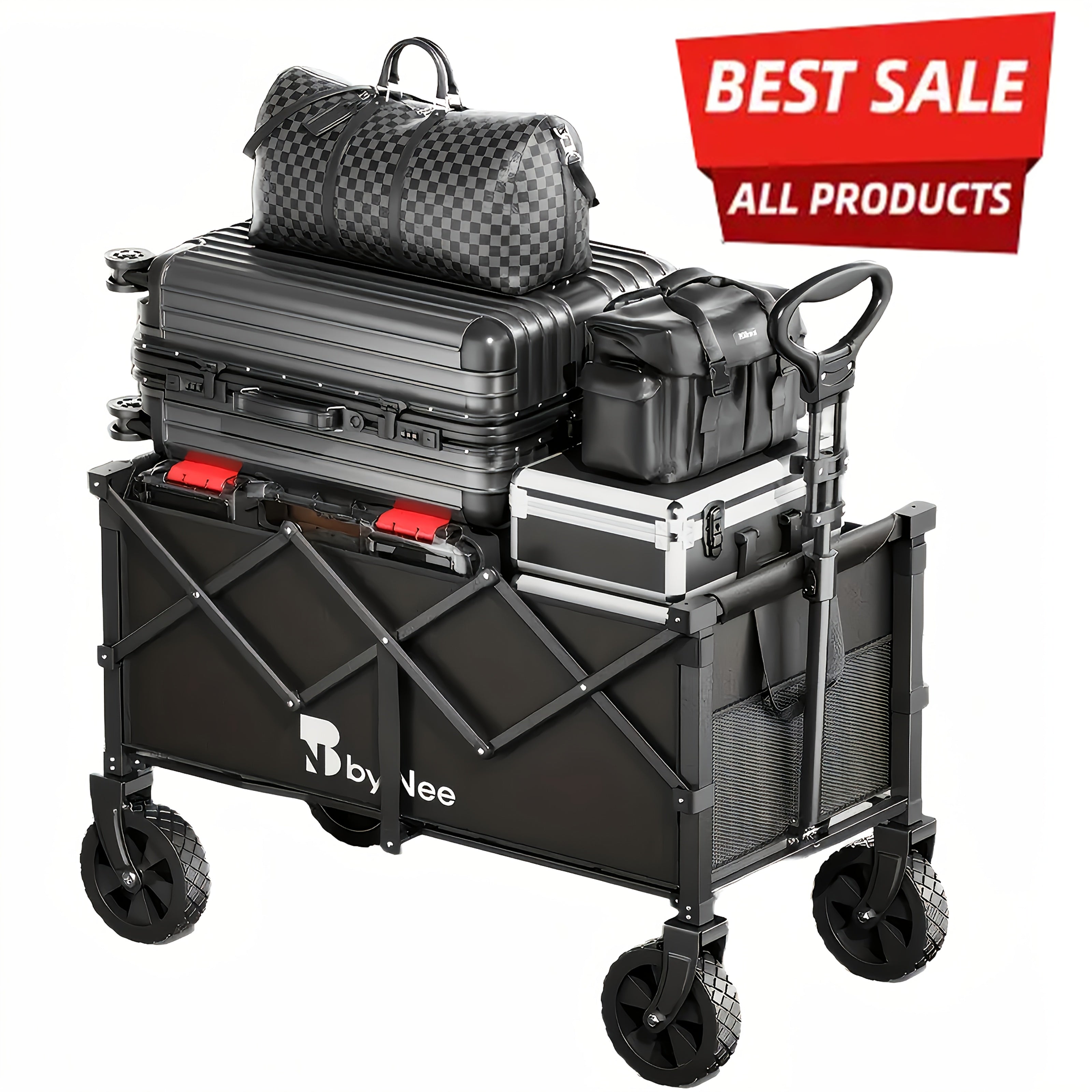 330-650 Lbs Large Capacity Camping Shopping Cart, All-Terrain Folding Trolley, Multi-Function Camping, Gardening, Beach Shopping Cart, Black Gardening Storage Rack, Rugged Design, Durable Tire Construction, Heavy-Duty Utility
