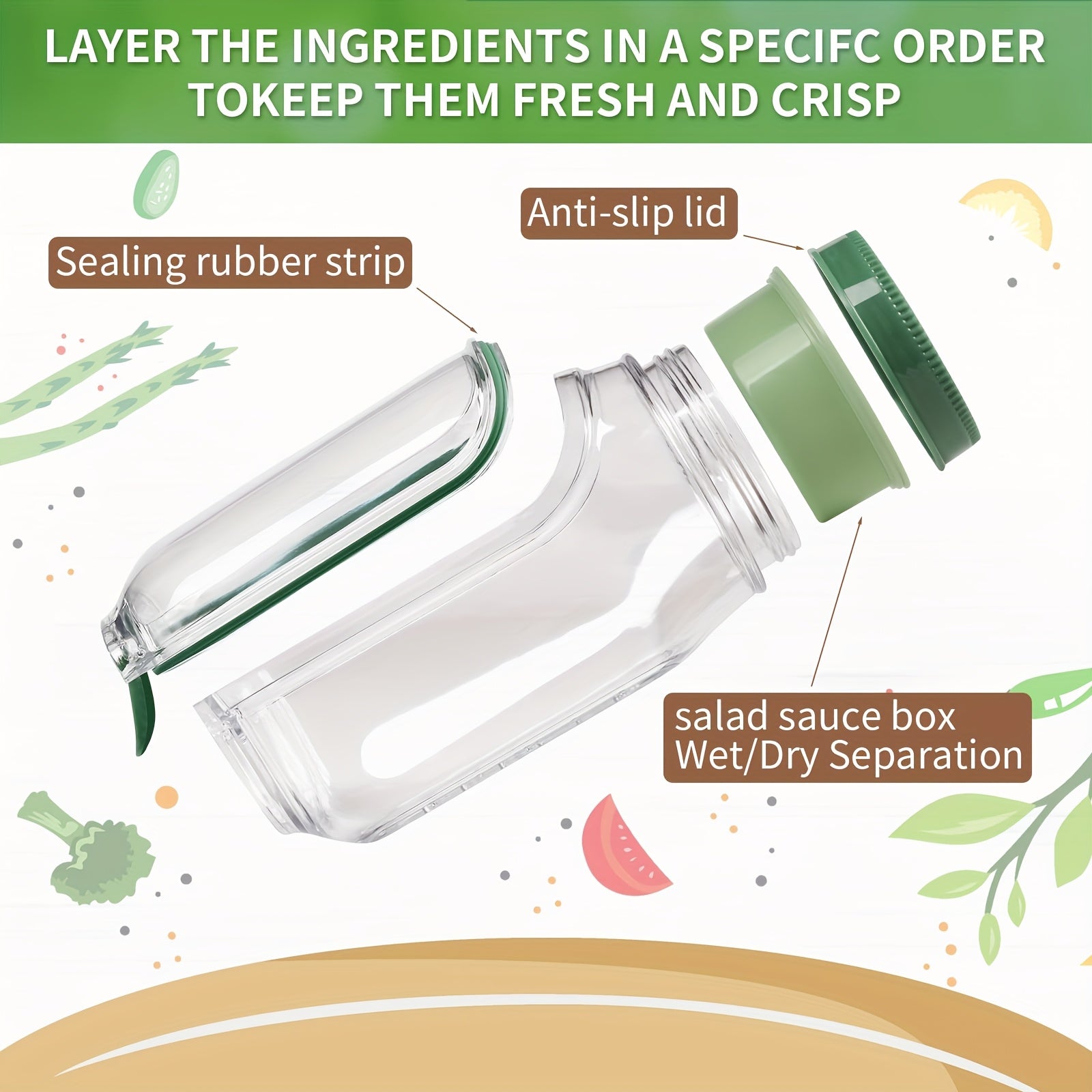 Large Capacity Leak-Proof Salad Jar with Locking Lid & Built-In /Seasoning Compartment - Freezer/Microwave/Dishwasher Safe Meal Prep Container, -like (Plastic) Dressing Cup for Office, Gym, Travel, Salad Dressing Storage - Cozy Home