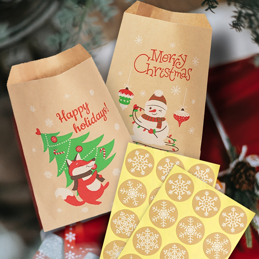 24pcs, 24-Pack Retro Christmas Kraft Paper Gift Bags with Santa, Snowman & Fox Stickers - Holiday Party Favors, Candy & Cookie Gifts