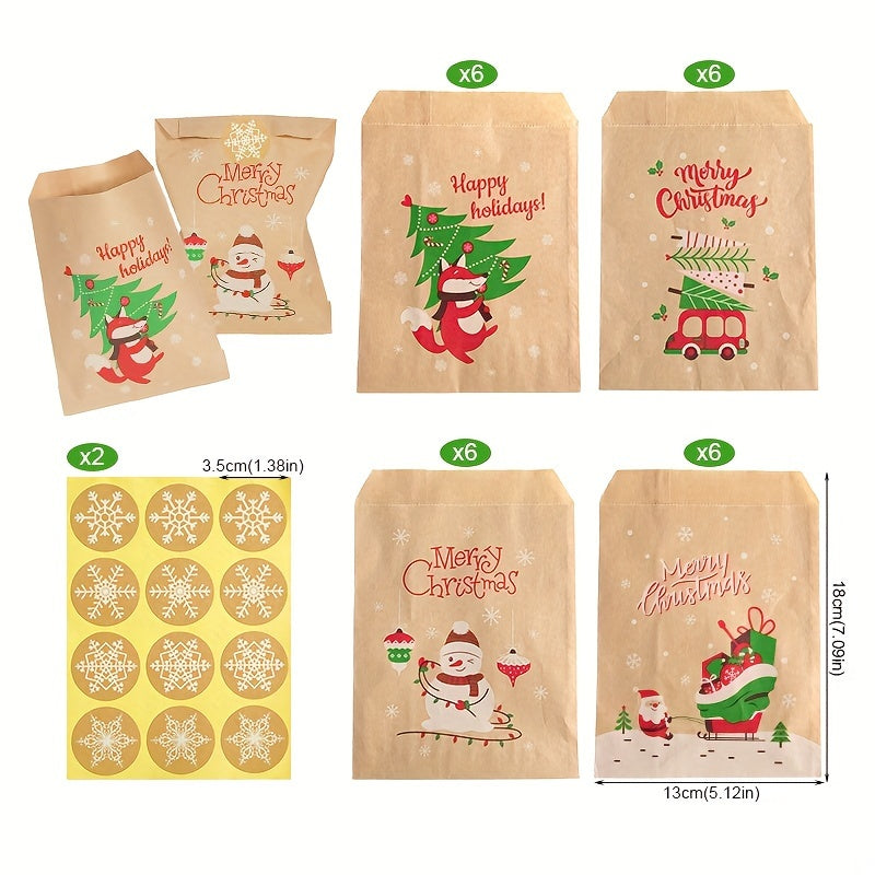 24pcs, 24-Pack Retro Christmas Kraft Paper Gift Bags with Santa, Snowman & Fox Stickers - Holiday Party Favors, Candy & Cookie Gifts
