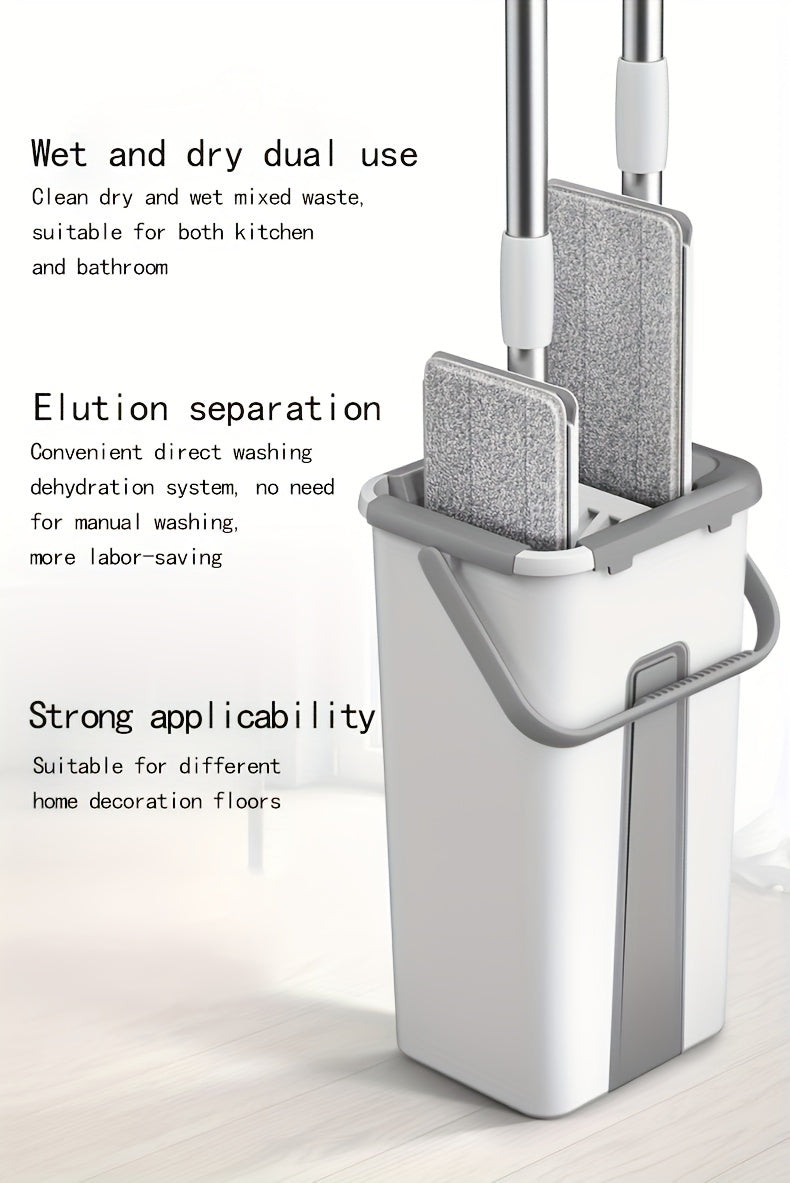 Wet and Dry Mop Set, Flat Mop with Built-in Scraper and Bucket, Suitable for Kitchen, Bathroom, Bedroom, and Living Room Floors, Plastic and Stainless Steel Handle, Rotating Washable Mop System, Cleaning Tool - Cozy Home