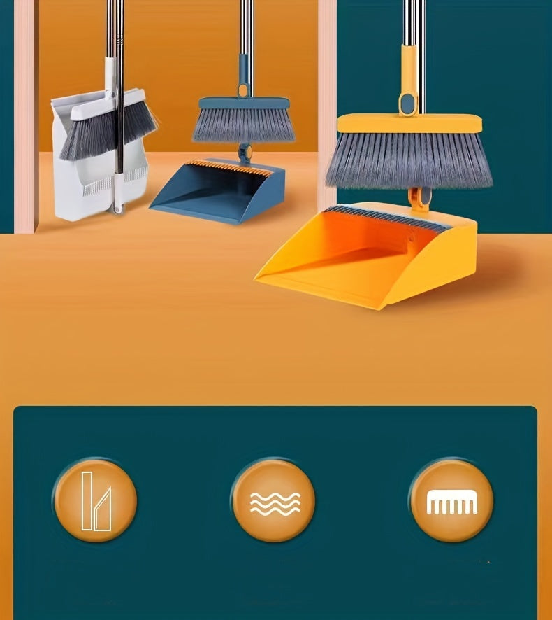 1set, Household Broom And Dustpan Set, Long Handle Floor Cleaning Broom Dustpan Set, Rotatable Broom And Dustpan With Comb Tooth, To Remove Dust And Garbage, For Home, Kitchen, Room, Office, Cleaning Supplies, Cleaning Tool, - Cozy Home