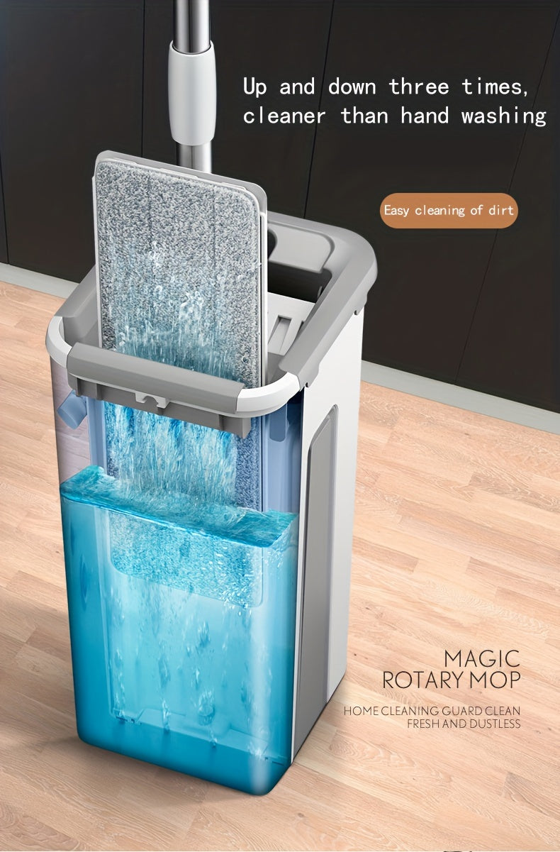 Wet and Dry Mop Set, Flat Mop with Built-in Scraper and Bucket, Suitable for Kitchen, Bathroom, Bedroom, and Living Room Floors, Plastic and Stainless Steel Handle, Rotating Washable Mop System, Cleaning Tool - Cozy Home