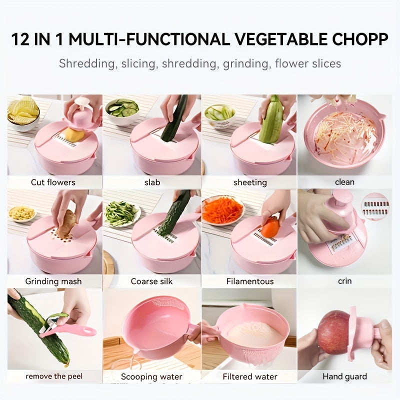 11pcs, 12-in-1 Multi-Function Vegetable Chopper for Carrots, Potatoes, Radish, and More – Manual Slicer, Shredder, and Grater – Essential Kitchen Tool - Cozy Home
