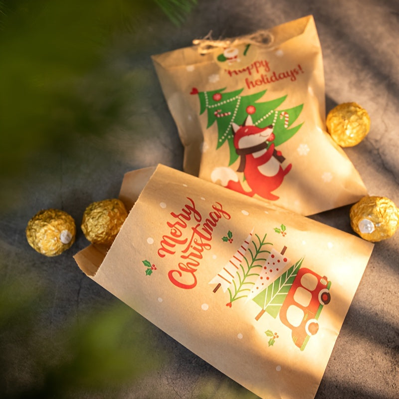 24pcs, 24-Pack Retro Christmas Kraft Paper Gift Bags with Santa, Snowman & Fox Stickers - Holiday Party Favors, Candy & Cookie Gifts