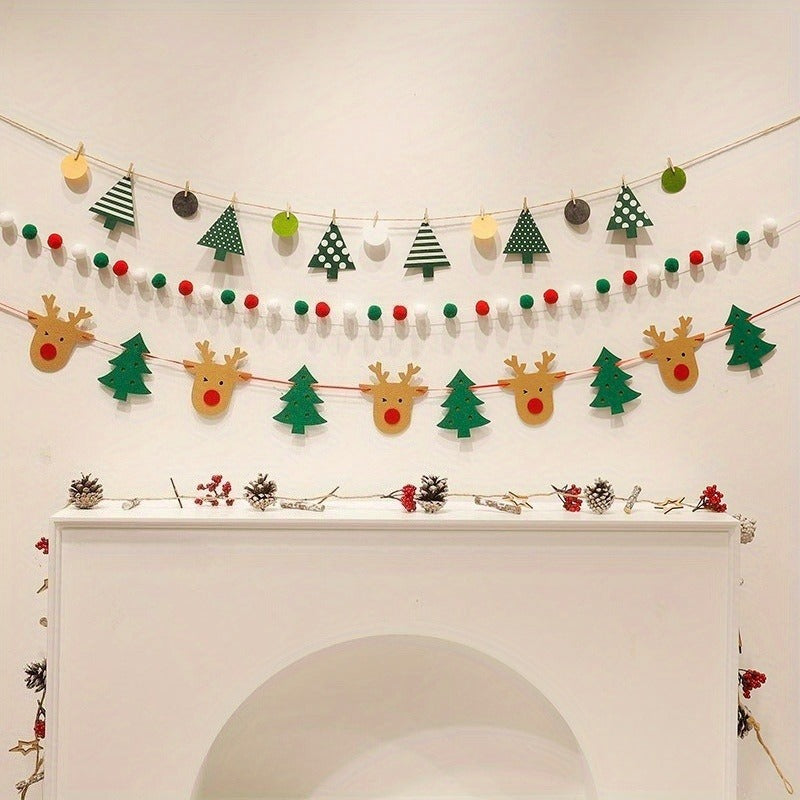 3-Pack Festive Polyester Merry Christmas Garland with Reindeer and Tree Decorations - Versatile Holiday Bunting for Home & Party Decor, No Power Needed, Featherless