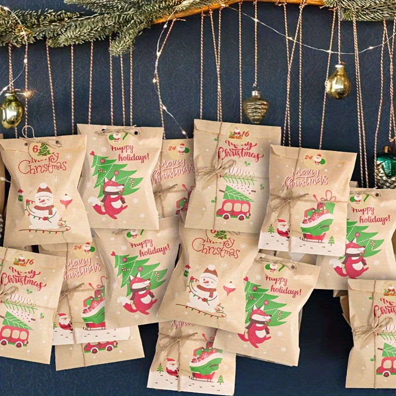 24pcs, 24-Pack Retro Christmas Kraft Paper Gift Bags with Santa, Snowman & Fox Stickers - Holiday Party Favors, Candy & Cookie Gifts