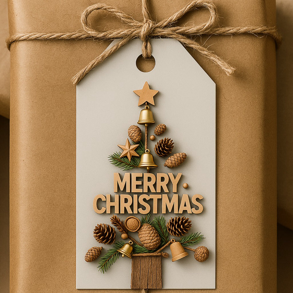 50pcs Christmas Gift Tags with Twine - Elegant Wood Grain Texture & Pine Cone, Bell Silhouette, "Merry Christmas" Design for Holiday Gift Wrapping, Durable and Easy to Write, Vintage Christmas Tags, Essential for Enthusiasts,