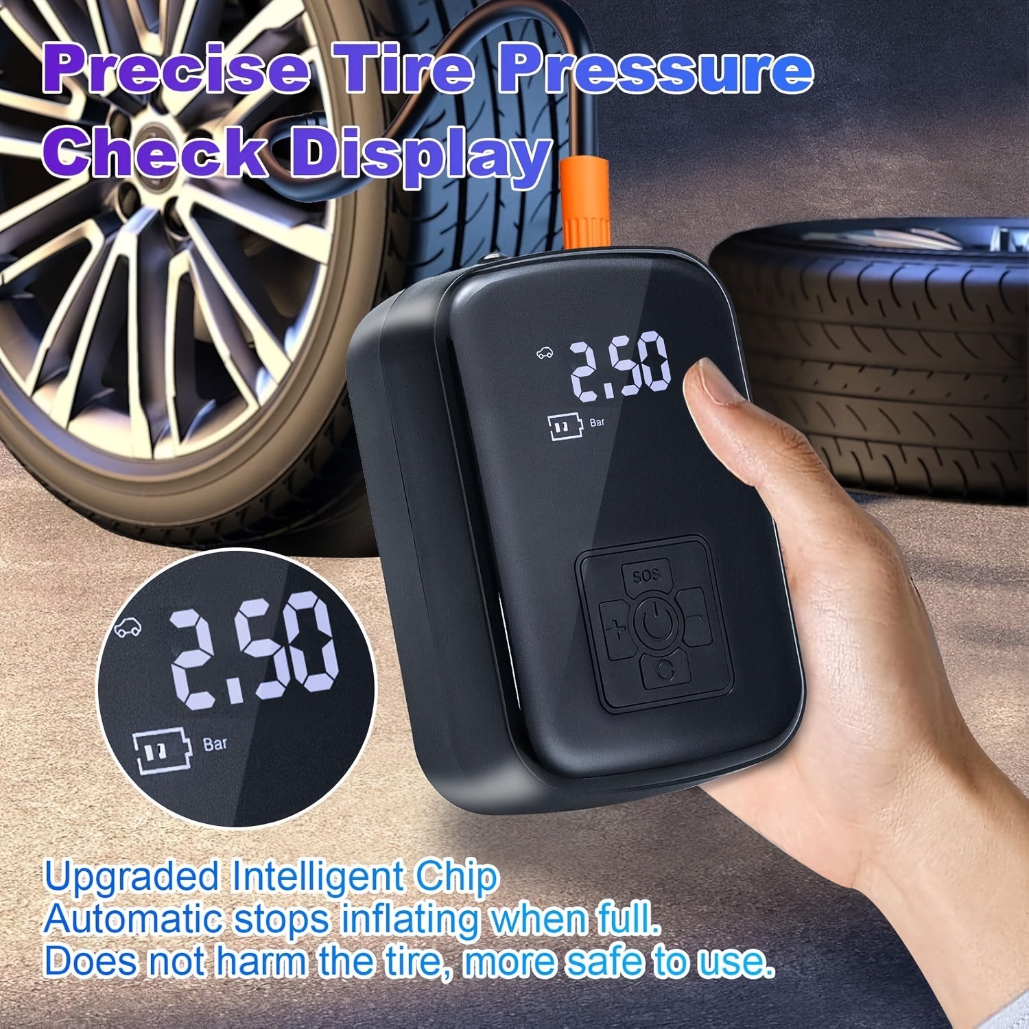 A Portable Car Air Compressor with a Wireless Handheld Pump And Light, Suitable for Inflating And Compressing Tires of Cars And Motorcycles.