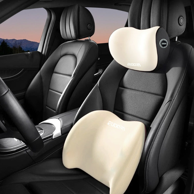 Car Headrest & Lumbar Cushion Set | Autumn/Winter Comfort Upgrade | Ergonomic Fit Design | High-Density Foam Filling | Comfortable for Long Drives | Includes 1 Headrest + 1 Lumbar Cushion